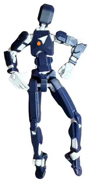 A navy and white robot Brandon printed, with the ThoughtLeap arrow on its chest.